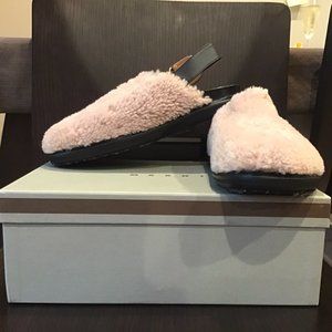 Marni Fuzzy Tan Clogs with Black Leather Heel Strap Size 8